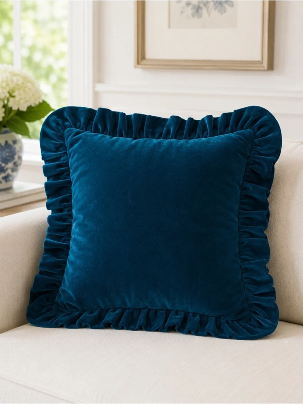 Glory Season Teal Velvet Ruffle Pillow Cover 18x18 Decorative Throw Jewel Tone